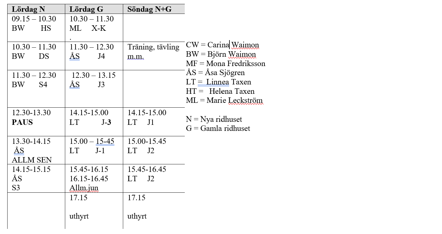 Ridhusschema Höstterminen 2024 lördag-söndag.
